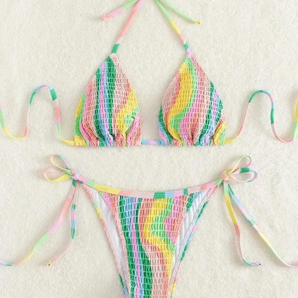Colorful Striped Triangle Halter Neck Drawstring Two Piece Bikini Sets Swimsuit